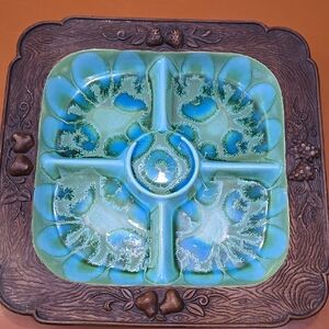 Treasure Craft Vintage Artistic Green and Blue Ceramic Serving Tray 13.5"x 13.5"